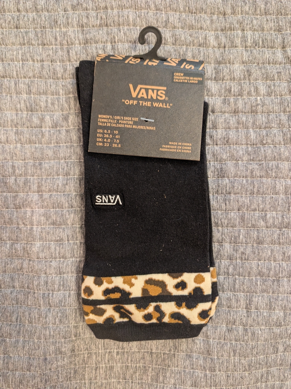 Vans Black Crew Socks with Leopard Cuff Accent